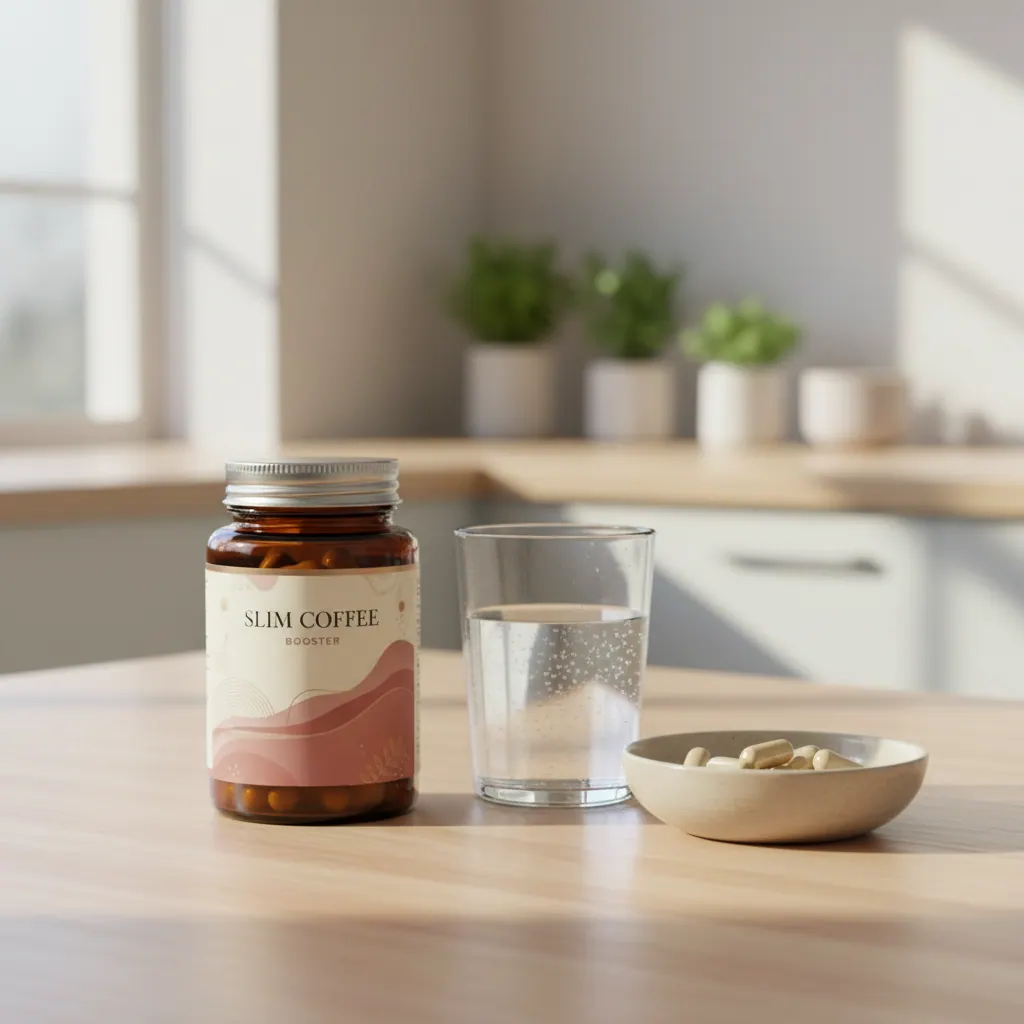 Slim Coffee Booster box on marble countertop with white mug - order metabolism support supplement UK