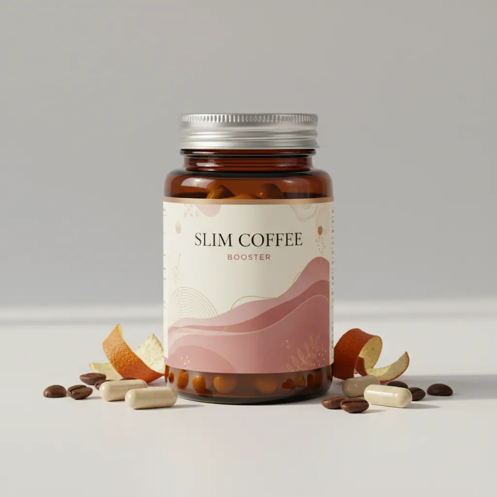 Slim Coffee Booster - compact dark charcoal supplement box with purple and pink motif